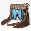 LC-ADBGZ306 Hand Tooled Leather & Wool Aztec Crossbody Bag with Fringe - Turquoise Southwestern Design