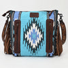 LC-ADBGZ306 Hand Tooled Leather & Wool Aztec Crossbody Bag with Fringe - Turquoise Southwestern Design