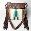 LC-ADBGZ306 Hand Tooled Leather & Wool Aztec Crossbody Bag with Fringe - Turquoise Southwestern Design