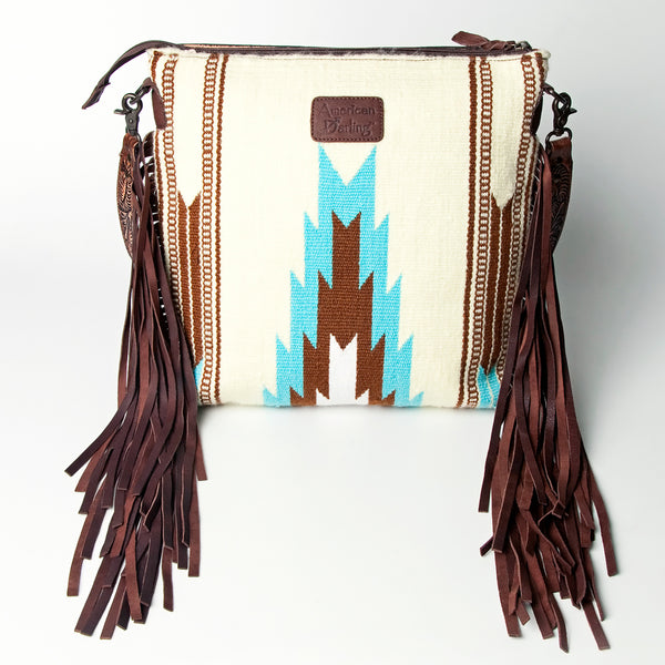 LC-ADBGZ306 Hand Tooled Leather & Wool Aztec Crossbody Bag with Fringe - Turquoise Southwestern Design
