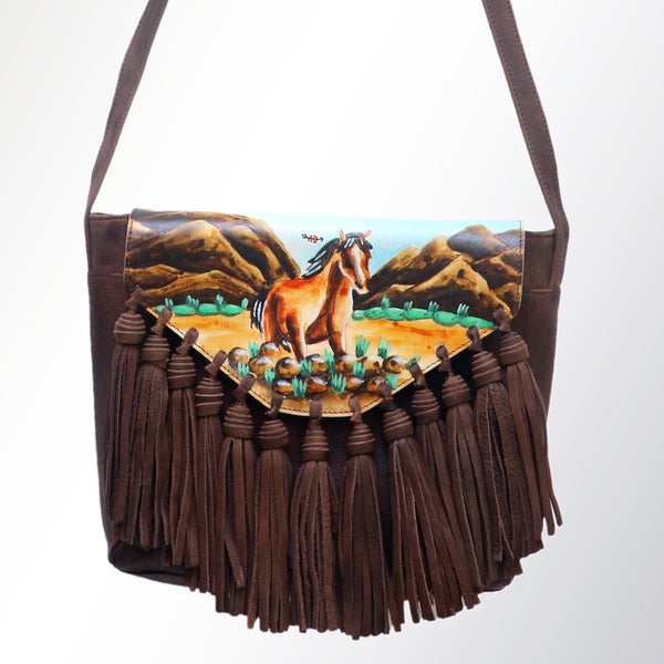 ADBGM118 Hand-Painted Leather Fringe Crossbody Bag - Western Scene Artwork