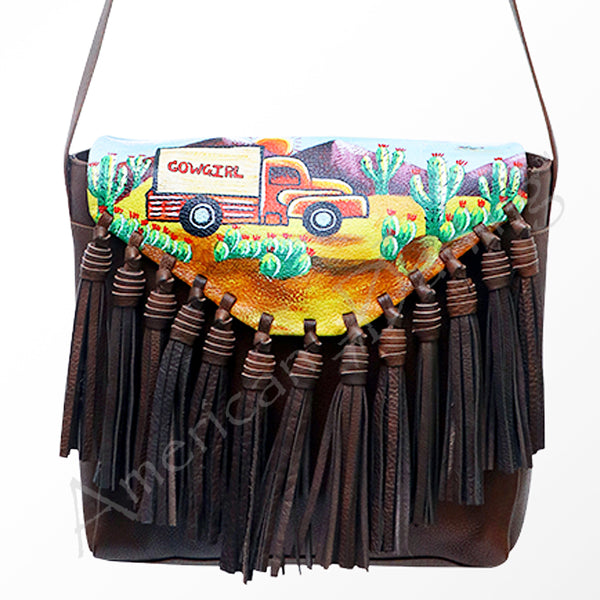 ADBGM118 Hand-Painted Leather Fringe Crossbody Bag - Western Scene Artwork