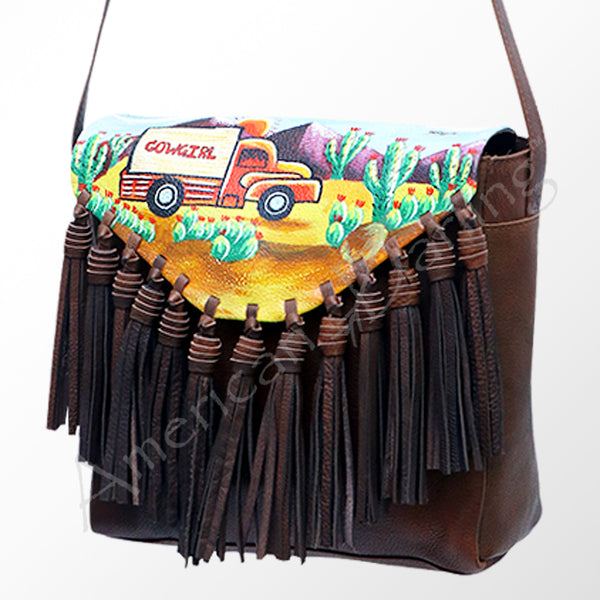 ADBGM118 Hand-Painted Leather Fringe Crossbody Bag - Western Scene Artwork