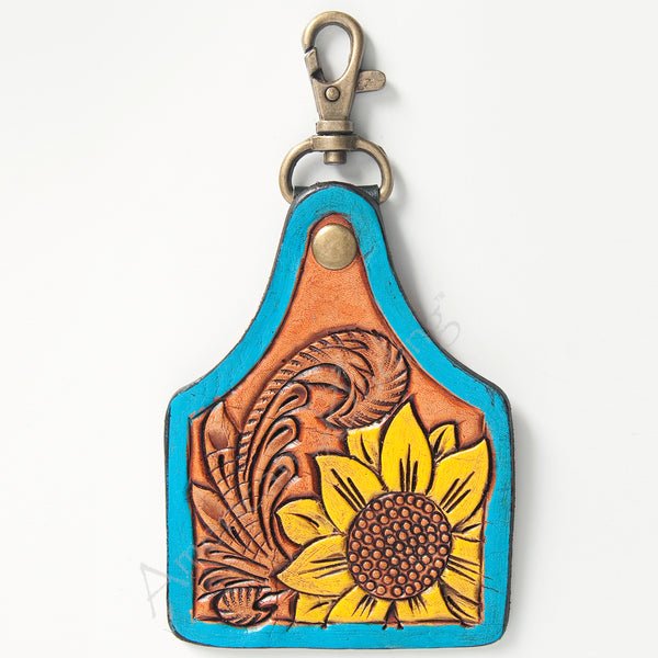 ADKR170 Tooled Leather Keychain Sunflower & Western Scroll with Turquoise Border