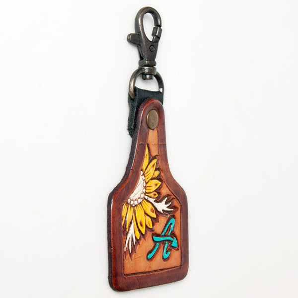 LC-ADKR214 Hand-Tooled Leather Keyring Sunflower with TurquoiseAAccent