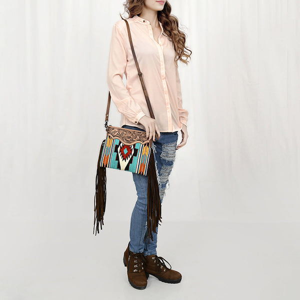 ADBG236 American Darling Hand-Tooled Floral Cross body Bag with Woven Saddle Blanket & Fringes
