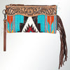 ADBG344 American Darling Hand Tooled Western Leather Wristlet Bag with Fringes and Woven Saddle Blanket