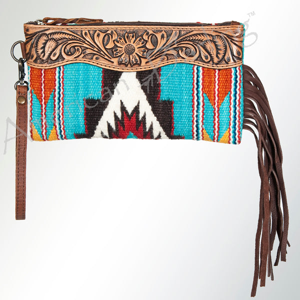 ADBG344 American Darling Hand Tooled Western Leather Wristlet Bag with Fringes and Woven Saddle Blanket