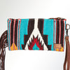 ADBG344 American Darling Hand Tooled Western Leather Wristlet Bag with Fringes and Woven Saddle Blanket