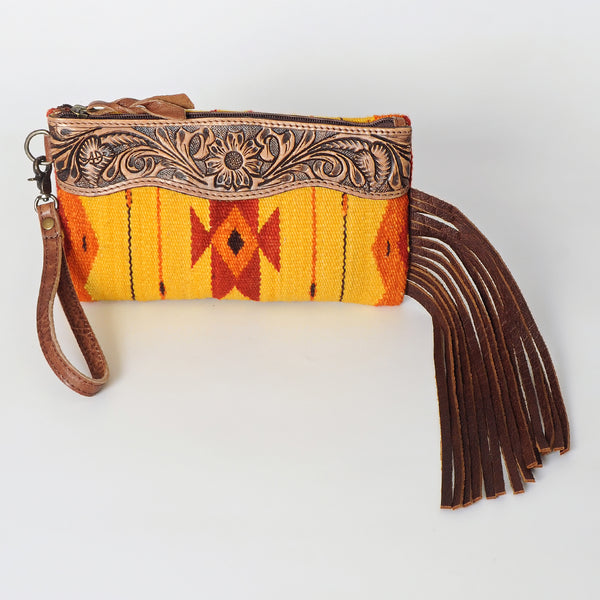 ADBG344 American Darling Western Leather Wristlet Bag with Hand Tooled Floral Carving and Saddle Blanket