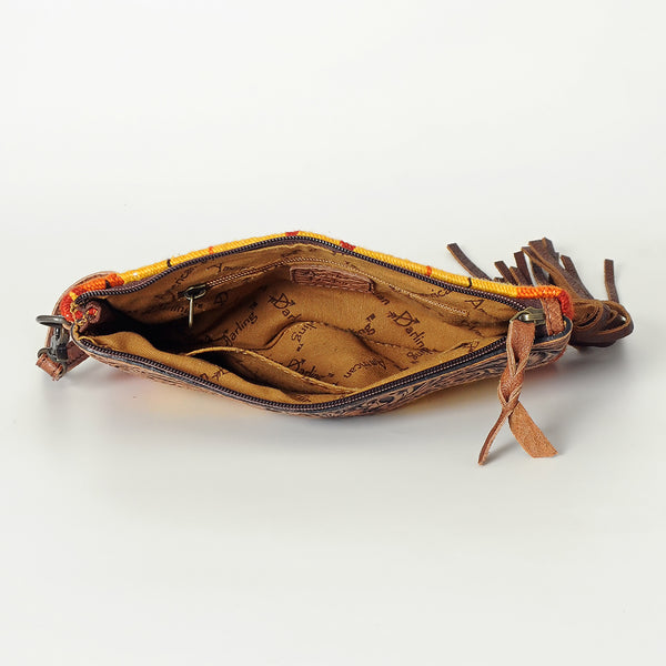 ADBG344 American Darling Western Leather Wristlet Bag with Hand Tooled Floral Carving and Saddle Blanket