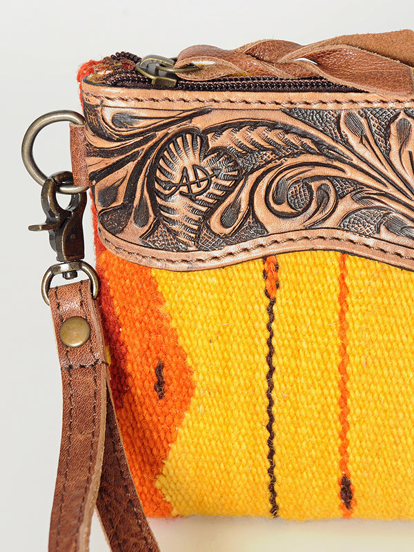 ADBG344 American Darling Western Leather Wristlet Bag with Hand Tooled Floral Carving and Saddle Blanket