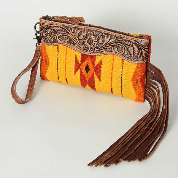 ADBG344 American Darling Western Leather Wristlet Bag with Hand Tooled Floral Carving and Saddle Blanket