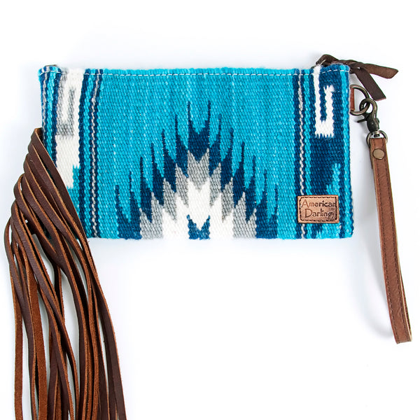 ADBG344 American Darling Western Leather Wristlet Bag with Hand Tooled Floral Carving and Saddle Blanket