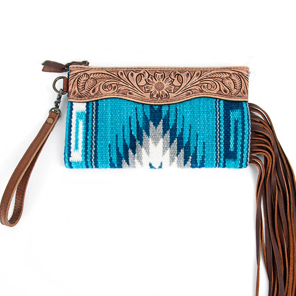ADBG344 American Darling Western Leather Wristlet Bag with Hand Tooled Floral Carving and Saddle Blanket