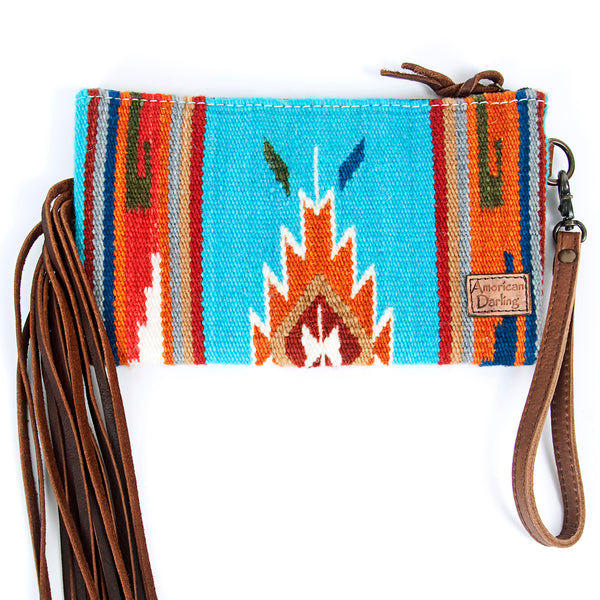 ADBG344 American Darling Western Leather Wristlet Bag with Hand Tooled Floral Carving and Saddle Blanket