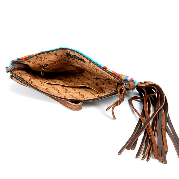 ADBG344 American Darling Western Leather Wristlet Bag with Hand Tooled Floral Carving and Saddle Blanket