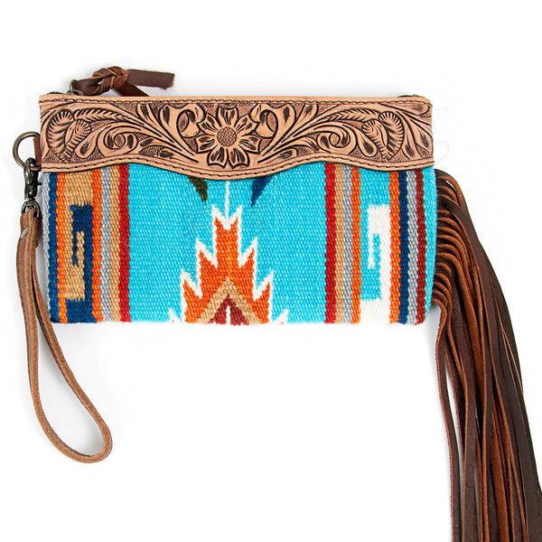ADBG344 American Darling Western Leather Wristlet Bag with Hand Tooled Floral Carving and Saddle Blanket