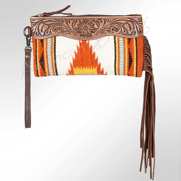 ADBG344 American Darling Western Leather Wristlet Bag with Hand Tooled Floral Carving and Saddle Blanket