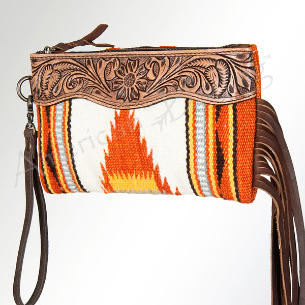 ADBG344 American Darling Western Leather Wristlet Bag with Hand Tooled Floral Carving and Saddle Blanket