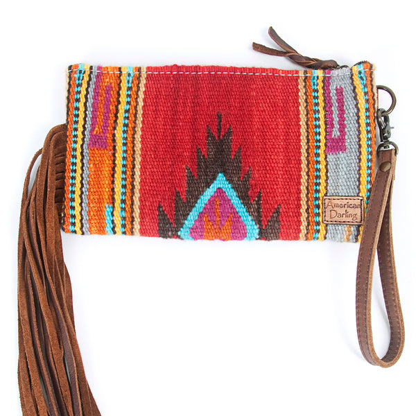 ADBG344 American Darling Western Leather Wristlet Bag with Hand Tooled Floral Carving and Saddle Blanket
