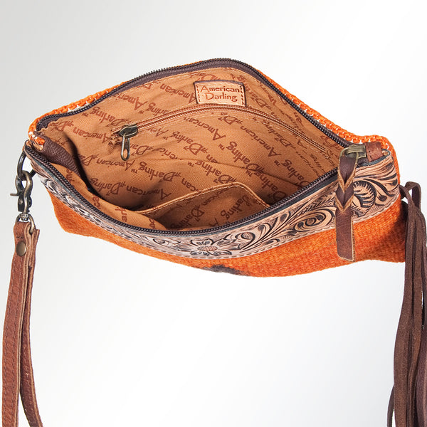 ADBG344 American Darling Western Leather Wristlet Bag with Hand Tooled Floral Carving and Saddle Blanket