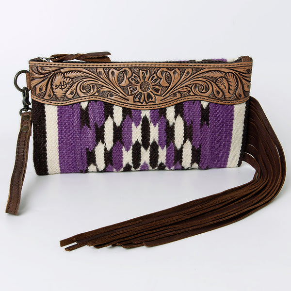 ADBG344 American Darling Western Leather Wristlet Bag with Hand Tooled Floral Carving & Saddle Blanket