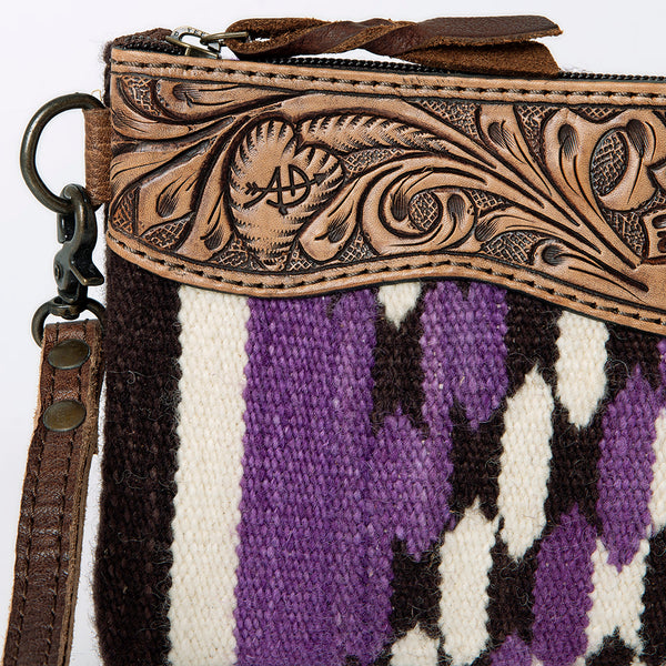 ADBG344 American Darling Western Leather Wristlet Bag with Hand Tooled Floral Carving & Saddle Blanket