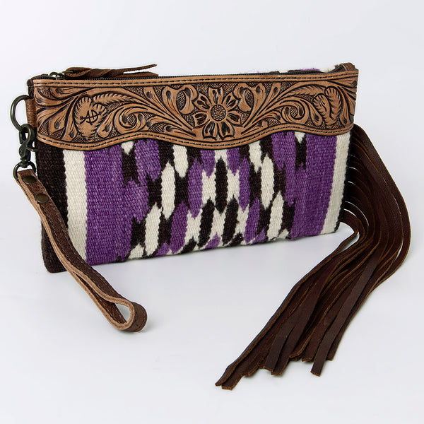 ADBG344 American Darling Western Leather Wristlet Bag with Hand Tooled Floral Carving & Saddle Blanket