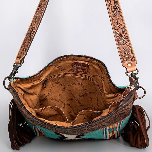 ADBG510 Tooled Leather & Saddle Blanket Crossbody Bag - Western Fringe Purse by American Darling