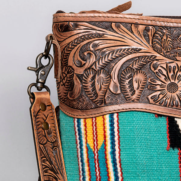 ADBG510 Tooled Leather & Saddle Blanket Crossbody Bag - Western Fringe Purse by American Darling