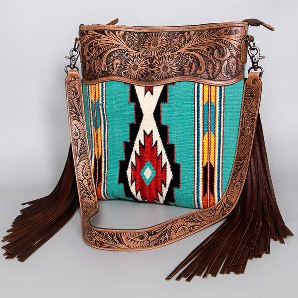 ADBG510 Tooled Leather & Saddle Blanket Crossbody Bag - Western Fringe Purse by American Darling