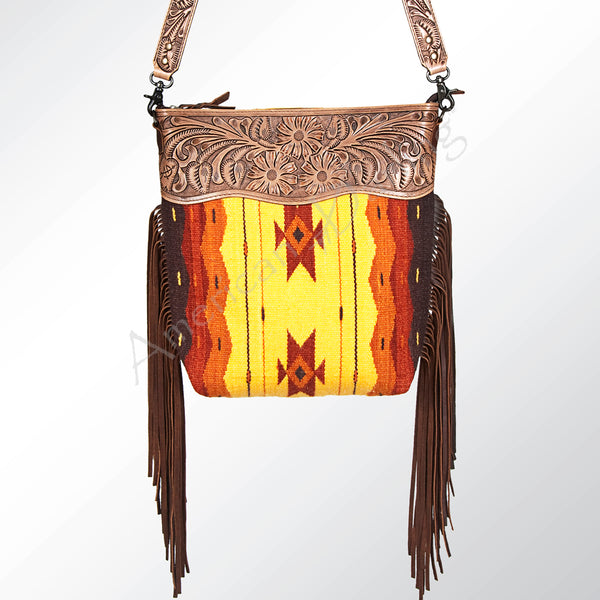 ADBG510 Tooled Leather & Saddle Blanket Crossbody Bag - Western Fringe Purse by American Darling
