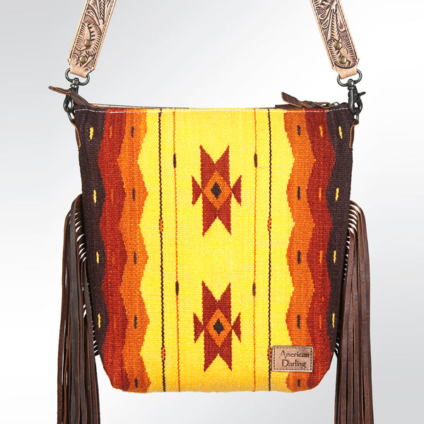 ADBG510 Tooled Leather & Saddle Blanket Crossbody Bag - Western Fringe Purse by American Darling