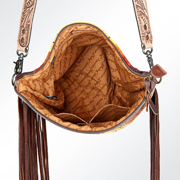 ADBG510 Tooled Leather & Saddle Blanket Crossbody Bag - Western Fringe Purse by American Darling