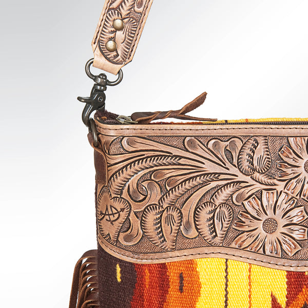 ADBG510 Tooled Leather & Saddle Blanket Crossbody Bag - Western Fringe Purse by American Darling