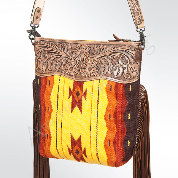 ADBG510 Tooled Leather & Saddle Blanket Crossbody Bag - Western Fringe Purse by American Darling