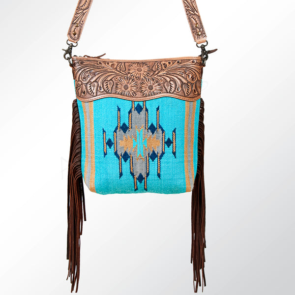 ADBG510 Tooled Leather & Saddle Blanket Crossbody Bag - Western Fringe Purse by American Darling