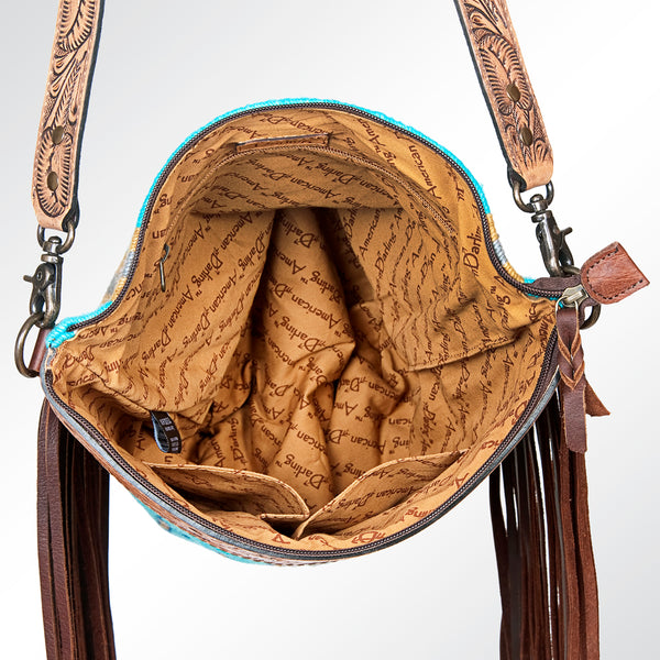 ADBG510 Tooled Leather & Saddle Blanket Crossbody Bag - Western Fringe Purse by American Darling