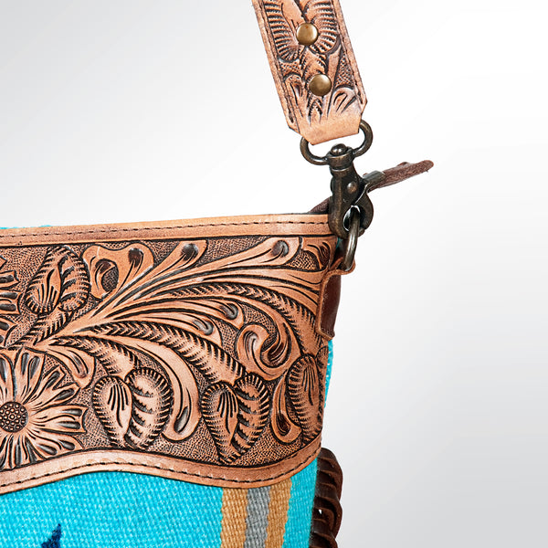 ADBG510 Tooled Leather & Saddle Blanket Crossbody Bag - Western Fringe Purse by American Darling
