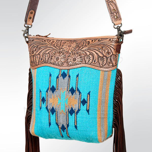 ADBG510 Tooled Leather & Saddle Blanket Crossbody Bag - Western Fringe Purse by American Darling