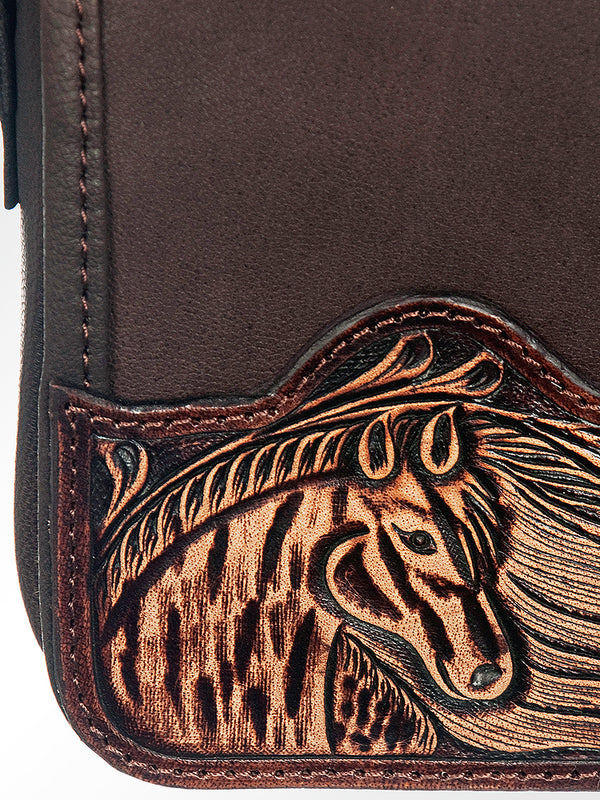 LC-ADBGZ342 Horse Tooled Leather Crossbody Bag - Genuine Brown Leather with Hair-On Cowhide Sides