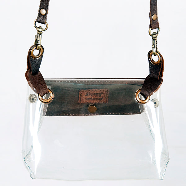 ADBGZ303 Transparent Stadium Bag with Brown & White Cowhide Flap - Western Clear Bag
