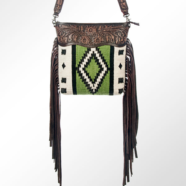 LC-ADBGZ363 Green Aztec Wool & Tooled Leather Crossbody Bag - Western Fringe Shoulder Purse