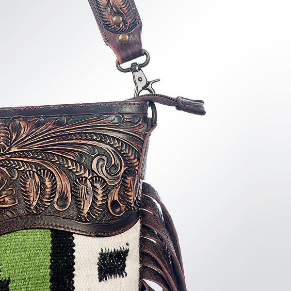 LC-ADBGZ363 Green Aztec Wool & Tooled Leather Crossbody Bag - Western Fringe Shoulder Purse