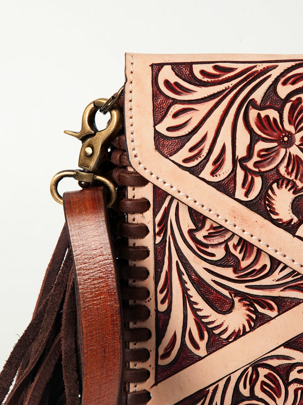 LC-ADBGK105 Envelope Style Tooled Leather Crossbody Bag - Fringe Western Purse
