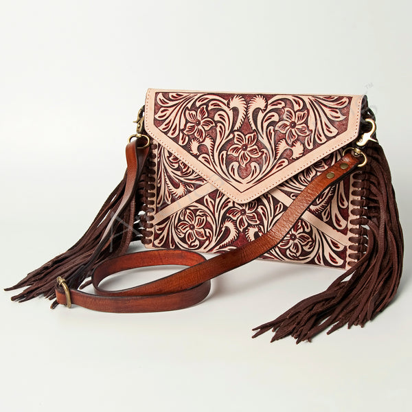 LC-ADBGK105 Envelope Style Tooled Leather Crossbody Bag - Fringe Western Purse