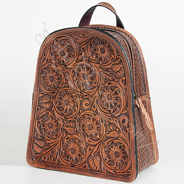 LC-ADBGK120 Hand-Tooled Leather Backpack - Western Floral Structured Pack