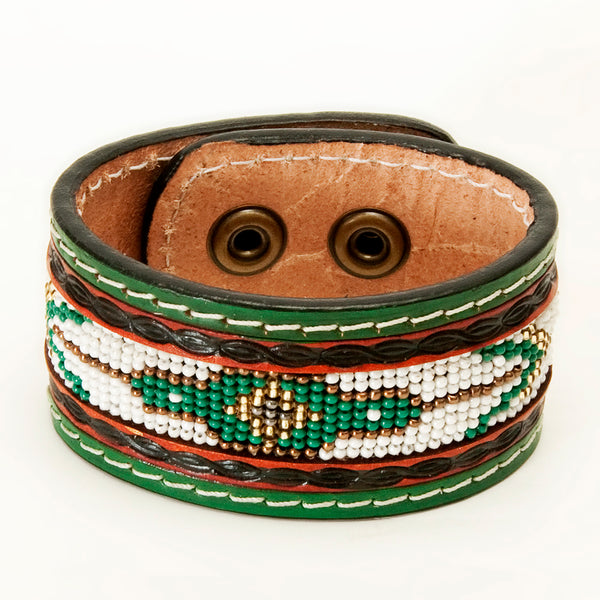 LC-ADBRF139 Beaded Leather Cuff Bracelet - Green Western Pattern with Saddle Tan Leather