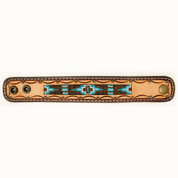 LC-ADBRF146 Beaded Leather Cuff Bracelet - Turquoise & White Tribal Pattern with Zigzag Tooling